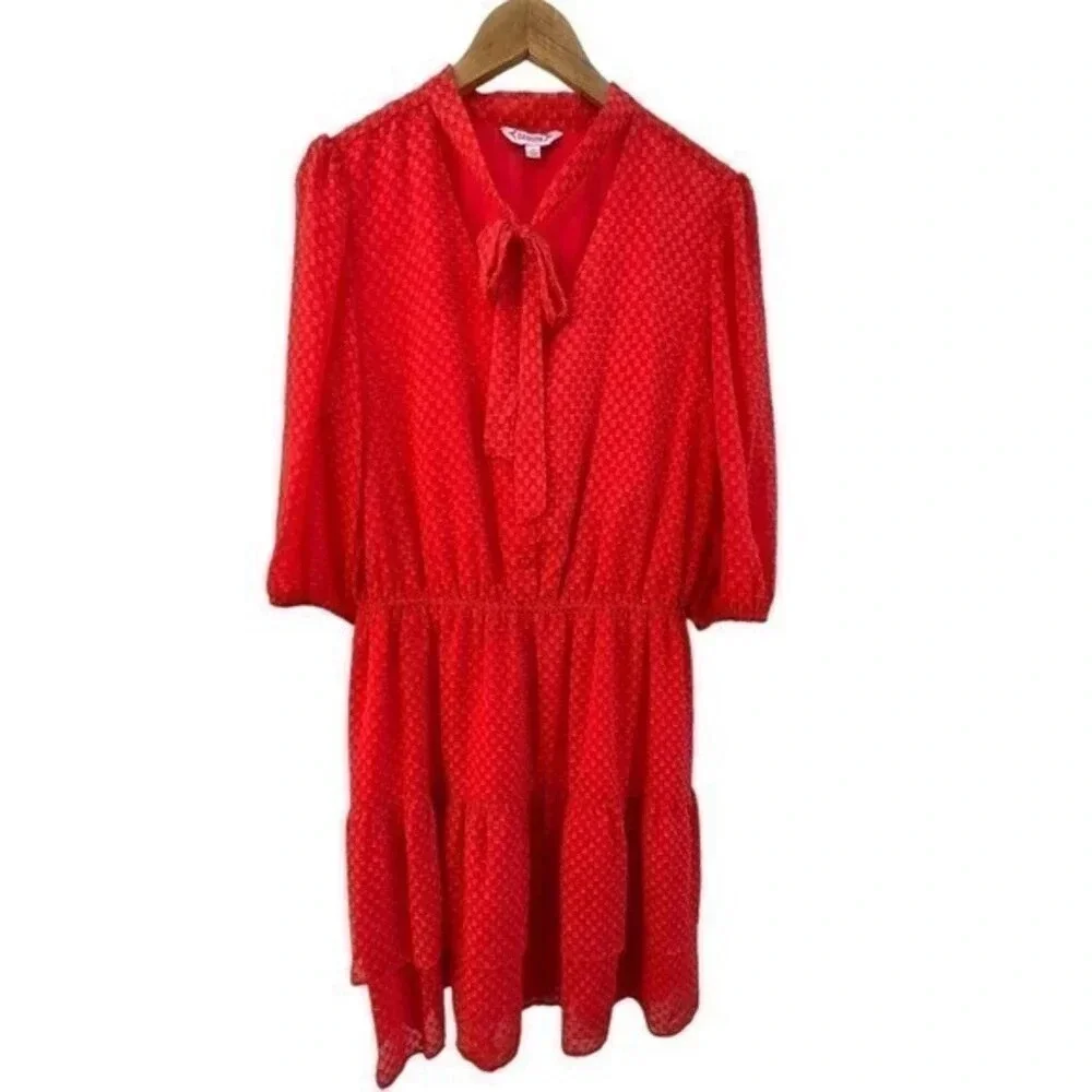 Nanette Lepore Women’s Size 14 Tie-Neck Ruffle-Hem Blouson Red Dress - Picture 10 of 10
